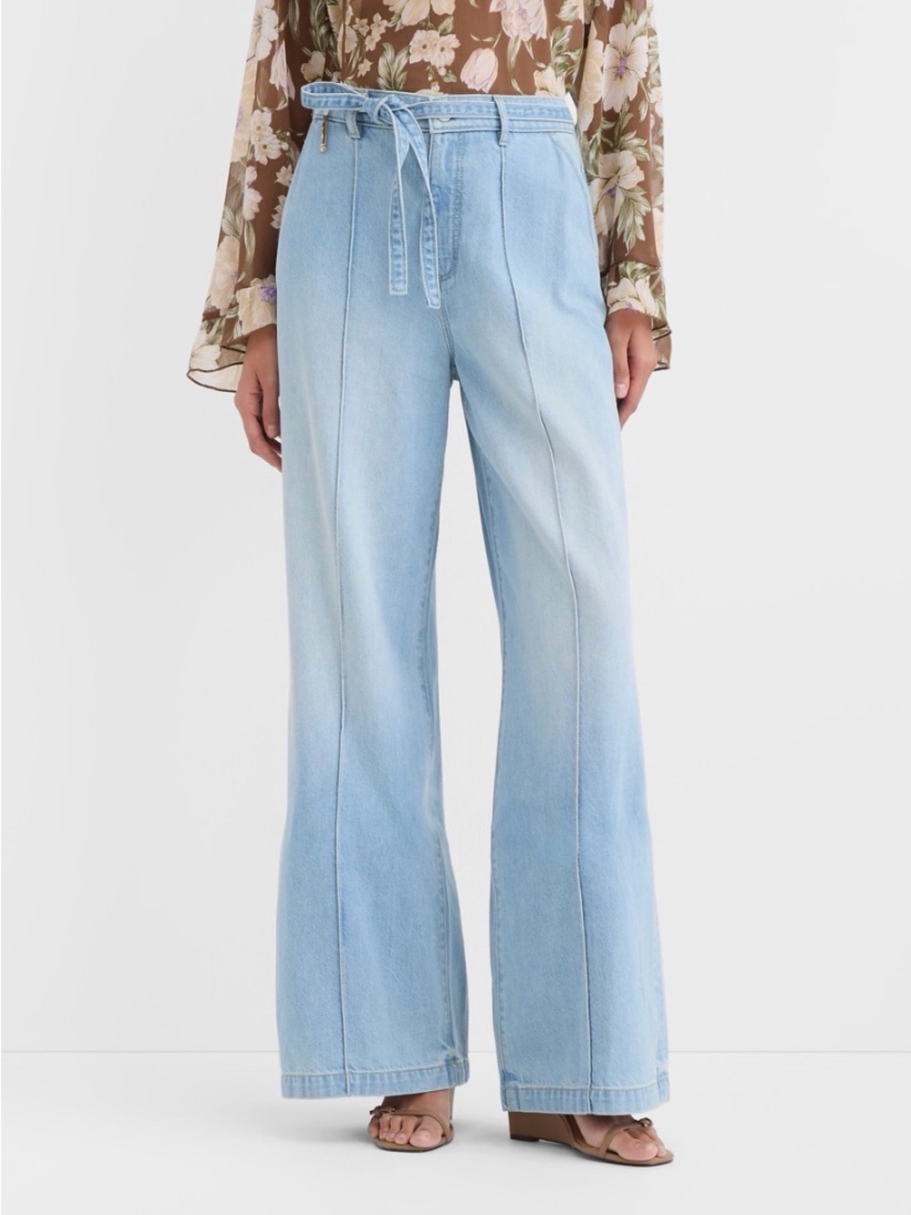 LOFT Curvy Tie Waist High Rise Palazzo Jeans in Light Wash